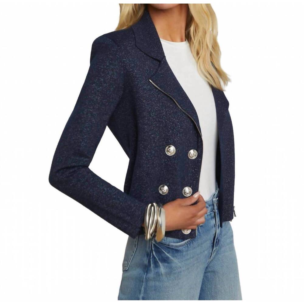 NEW L'AGENCE chia metallic knit biker jacket in midnight/ nickel - Picture 3 of 4